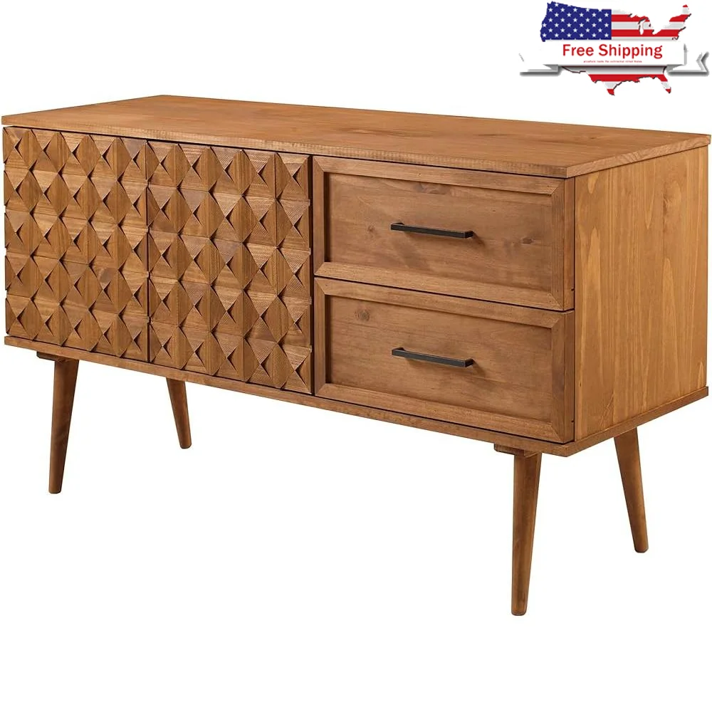 Boho 2 Door Sideboard Solid Wood Storage Cabinet with Drawers Indoor Buffet TV Stand with Unique Prism Detail