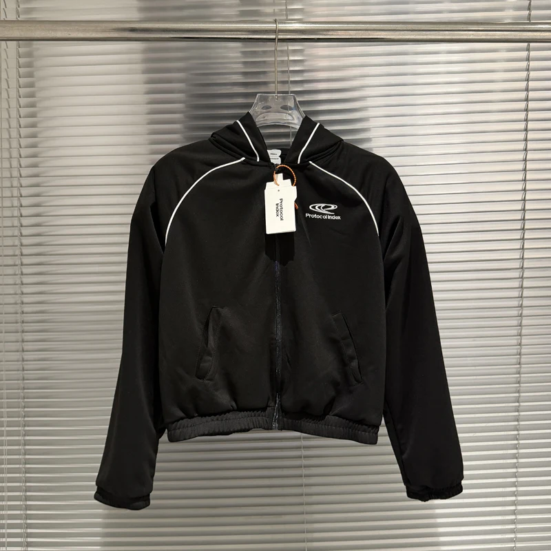 High Street Self-cultivation Protocol Index Hoodie Snap Buttons Embroidered Print Casual Sporty Style Men Women Hooded Coat