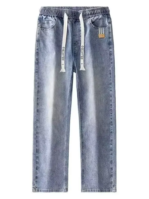 미국 하이 스트리트 남성 캐주얼 청바지 여름 얇은 워싱 라이트 블루 신축성 있는 허리 루즈 스트레이트 팬츠