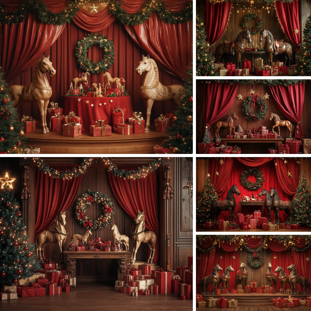 

Fantasy Christmas Toys Gifts Room Background Red Curtains Wooden Horse Xmas Tree Backdrop Kids Winter Cake Smash Photo Booths