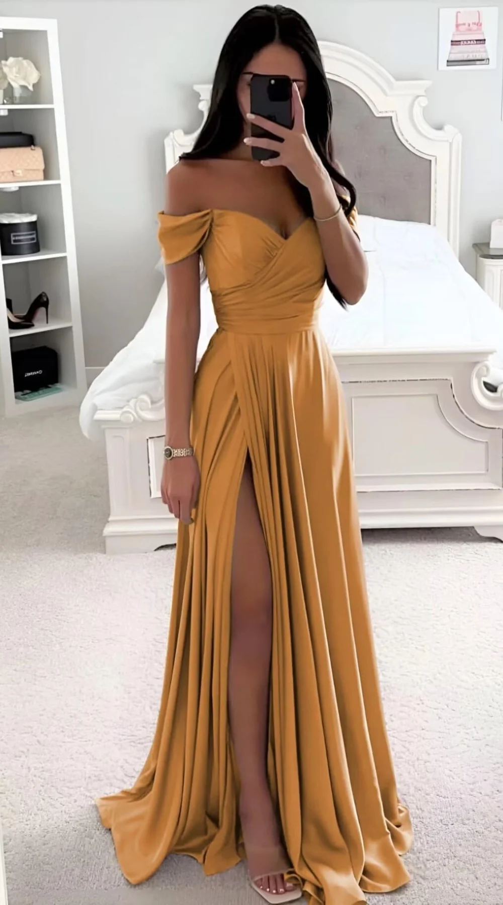 Satin Off Shoulder Bridesmaid Dress V-Neck Side Slit Mermaid Wedding Gust Dress Formal Occasion Party Dress Ruched Customized