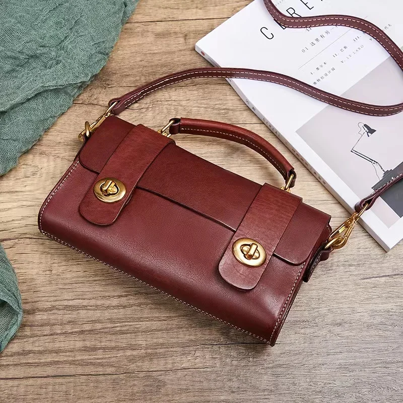 New Handmade Genuine Leather Retro Ladies Hand-held Cylinder Bag Messenger First Layer Cowhide Vegetable Tanned