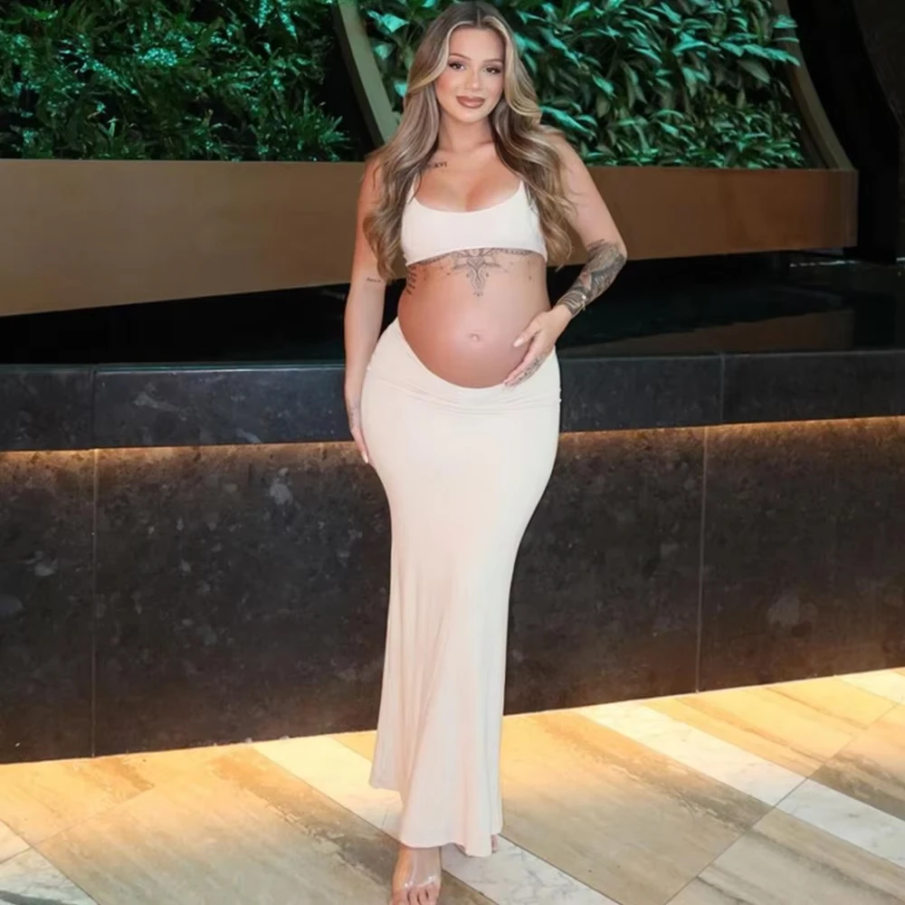 Maternity Summer Photography Dresses Solid Cut Out Waist Open Back Halter Bodycon Long Pregnant Dress For Photoshoot Baby Shower