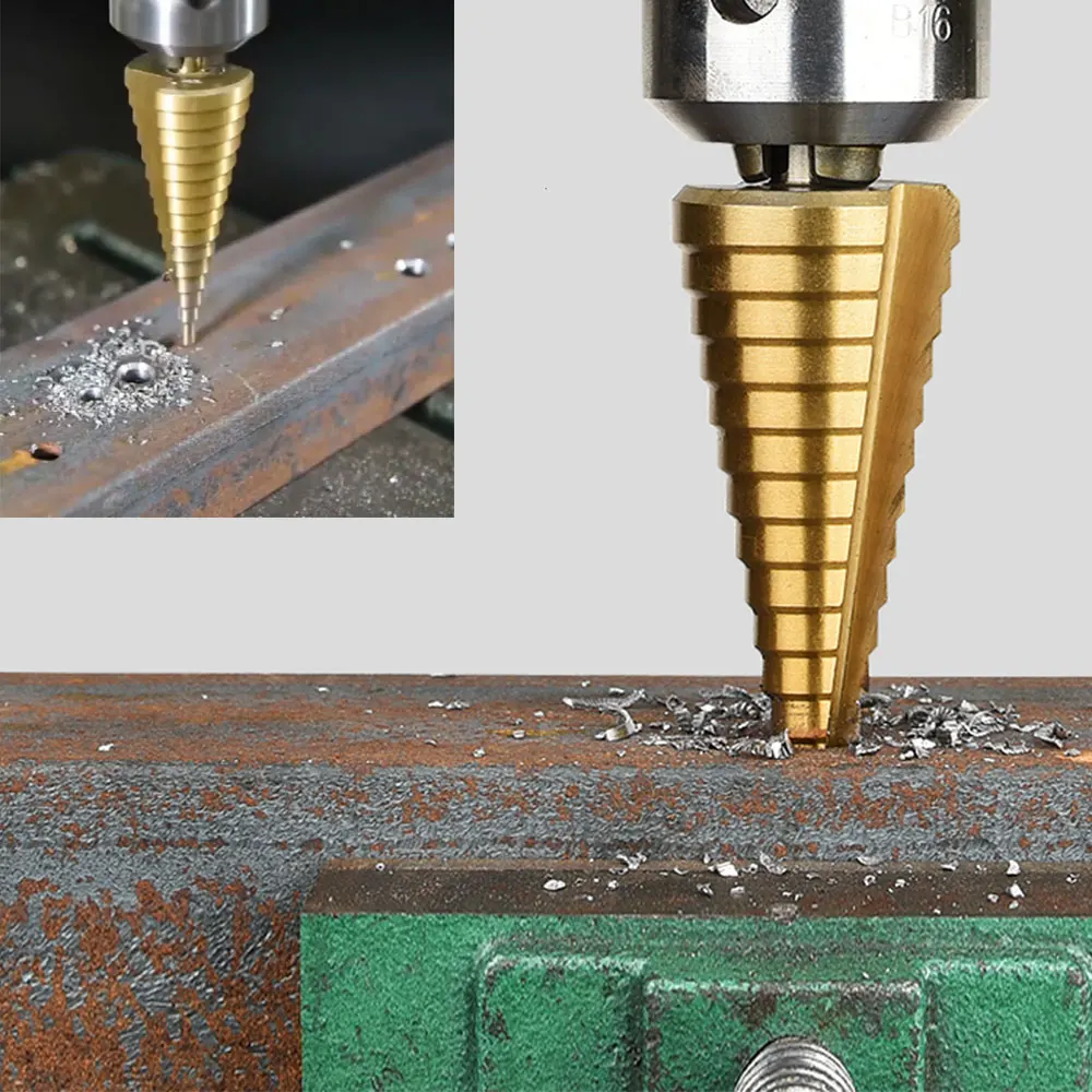 Punta da trapano HSS trapano a gradino rivestito in titanio Set di legno utensili elettrici per fresa a foro in acciaio ad alta velocità in metallo punte a cono centrale