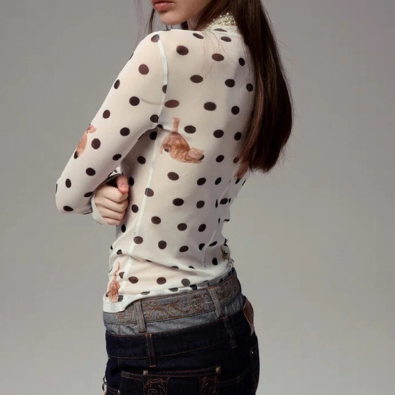 Animal Mixed Polka Dot Print Slightly Transparent Slim T Shirt Women Long Sleeves Bottoming Shirt Ladies Tee Shirt Tops Mujer