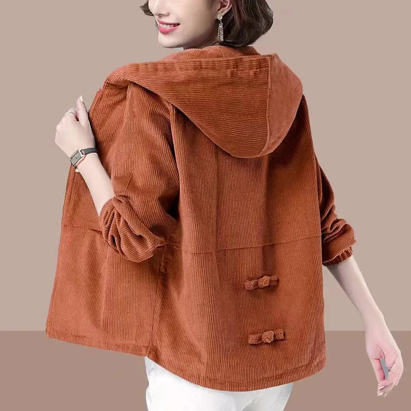 Woman's Jackets Coat autumn/winter Corduroy Solid Color Hooded Long Sleeve Zipper Fashion Ladies Tops