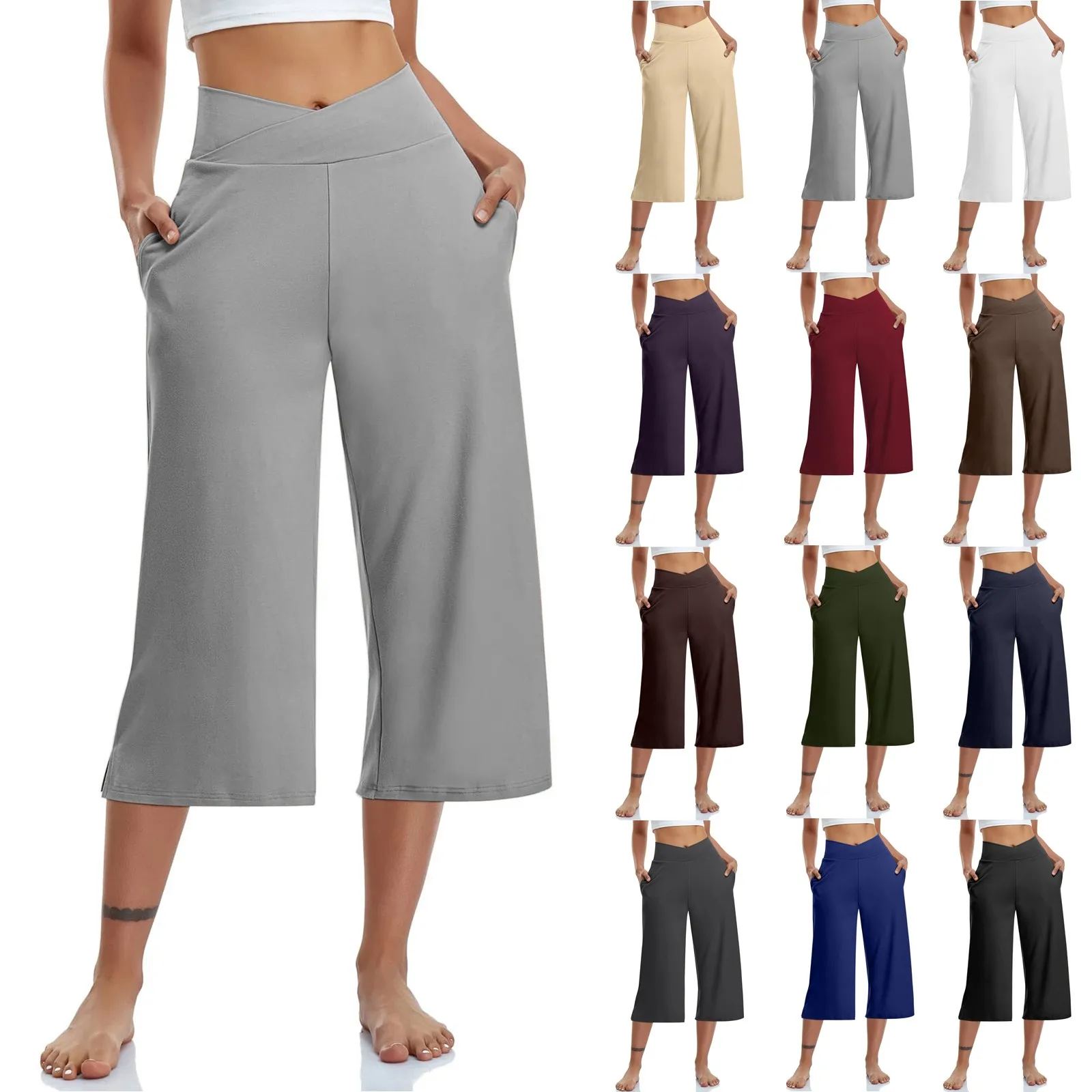 Women  Elastic High Waist 3/4 Pant Casual Active  Fit Wide Capris Leg Pants Trousers With Pockets Roupas Femininas Ropa Mujer