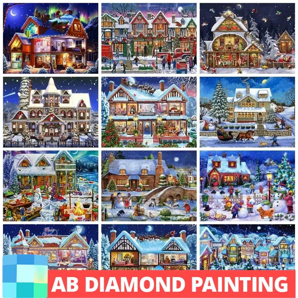 5d Diy AB Drill Diamond Painting Christmas House Home Decor Diamond Embroidery Winter Snow Scenery Mosaic Wall Sticker