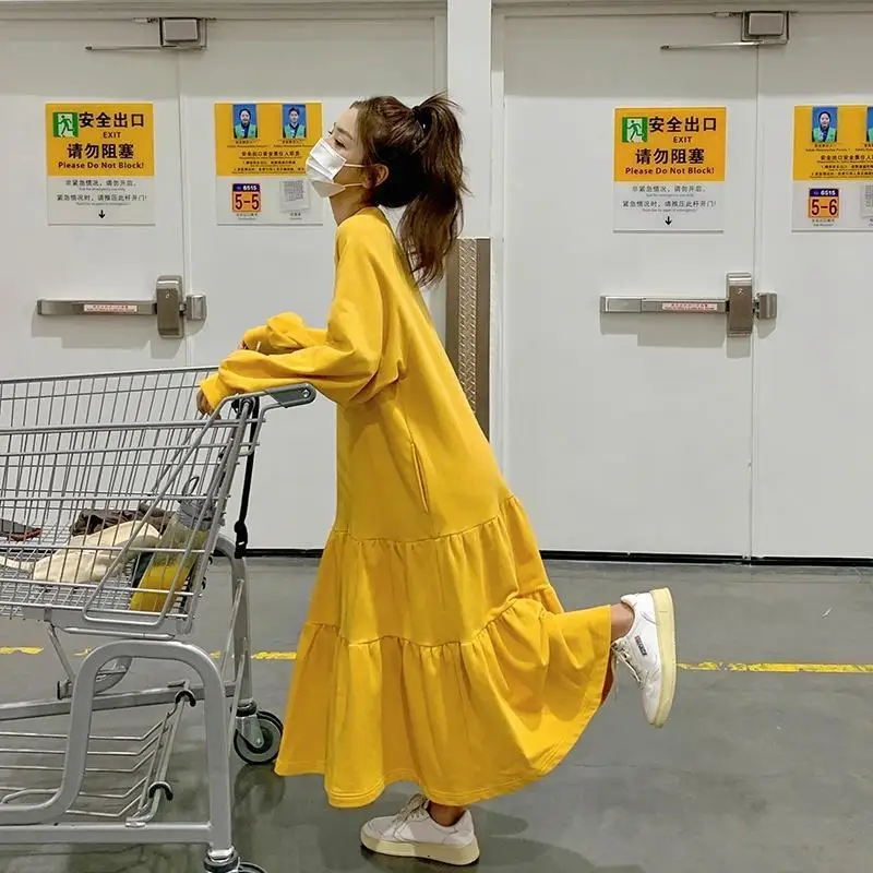 2023 Women Clothing Solid Color Pullovers Long Sleeve O-neck Patchwork Pleated Simplicity Elegant Fashion Loose Dresses New