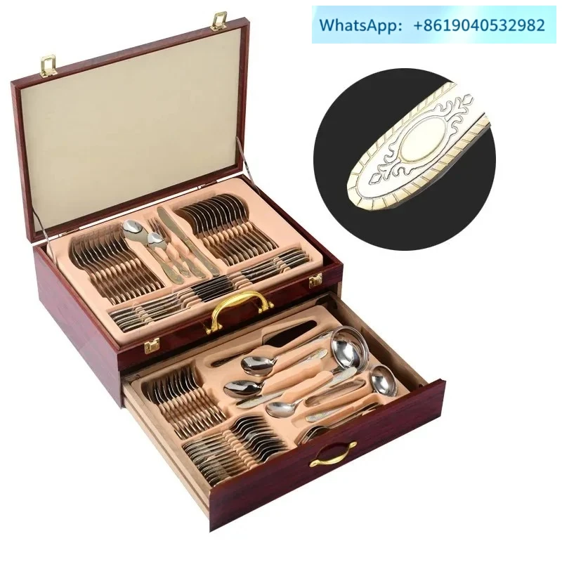 Western tableware set 72-piece set 84-piece set Gold-plated Gongyan stainless steel knife, fork and spoon gift box Wooden box