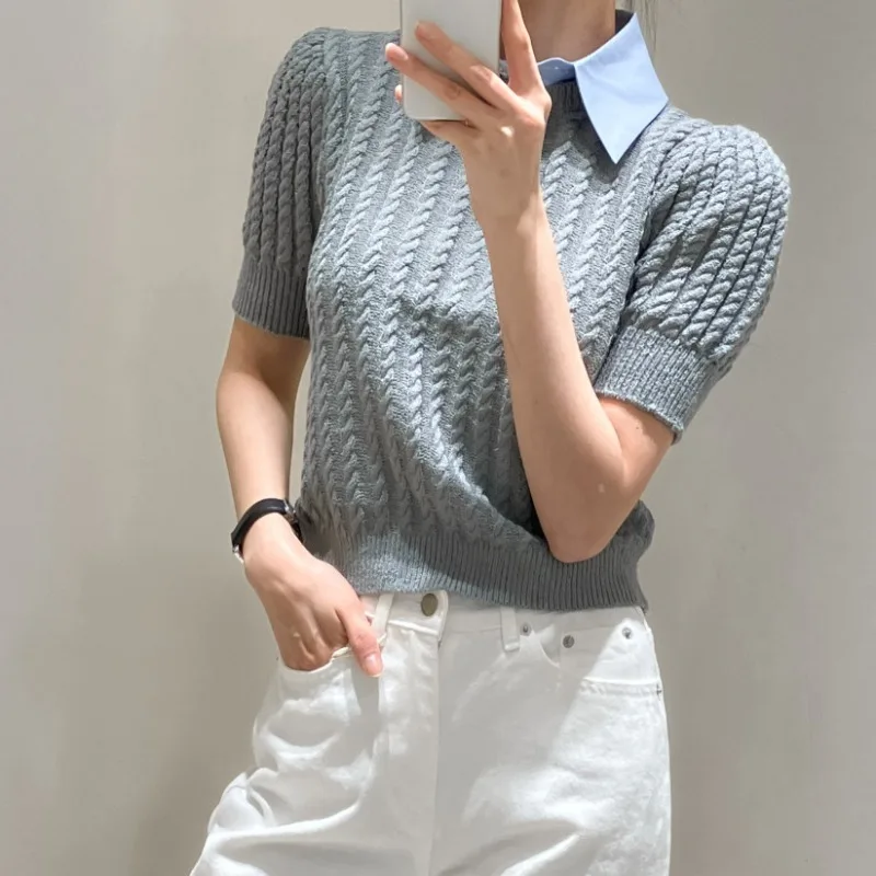 Neploe Vintage Sweet Fake Two Piece Knitted Tops Women Y2k Puff Sleeve Sweater Mujer 2025 Spring New Lapel Neck Pullovers