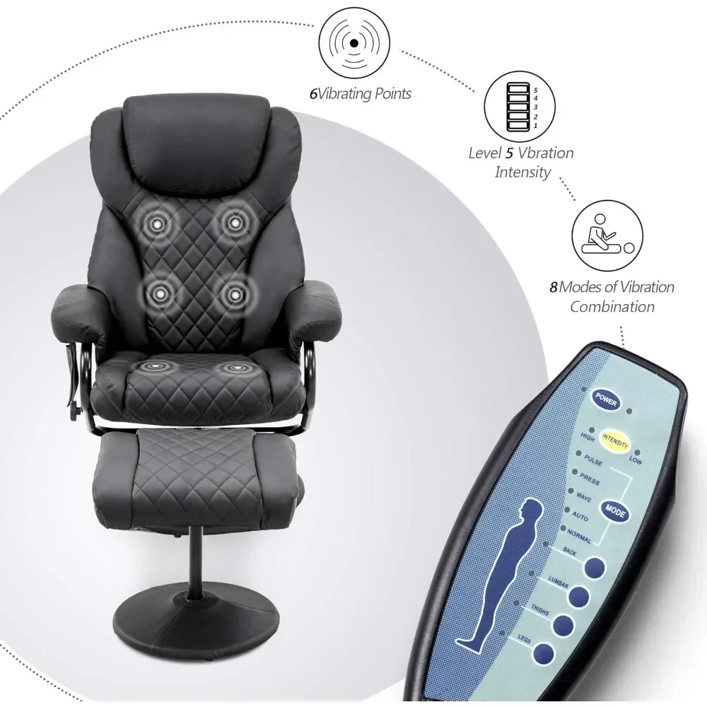 Mcombo Fauteuil Met Poef, Ligstoel Met Massage, 360 Draaibare Woonkamerstoel Imitatieleer, 4901 (Zwart)