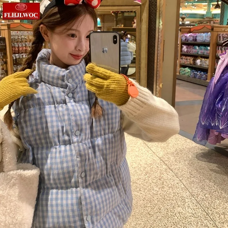 2025 hiver manteaux de survêtement gâteau Style coréen filles mignonnes décontracté chaud Plaid court vers le bas coton veste sans manches femmes réservoir Parkas