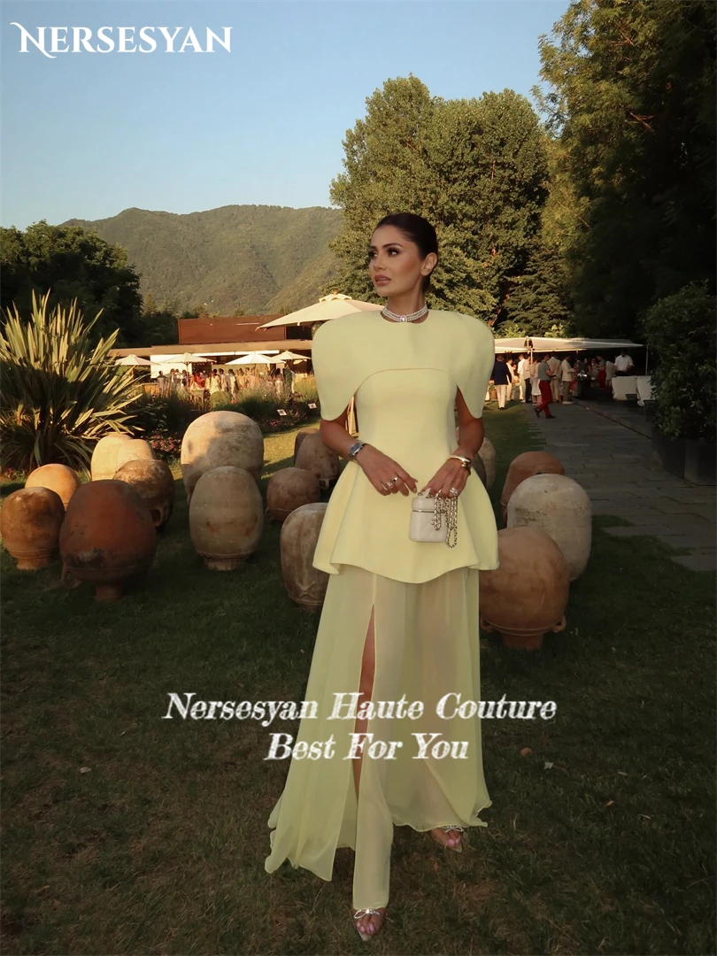 Nersesyan Yellow Luxury Prom Dresses Side Slit Ruffles Cap Sleeves Formal Evening Dress A Line Guest Party Gowns 2025 Customized