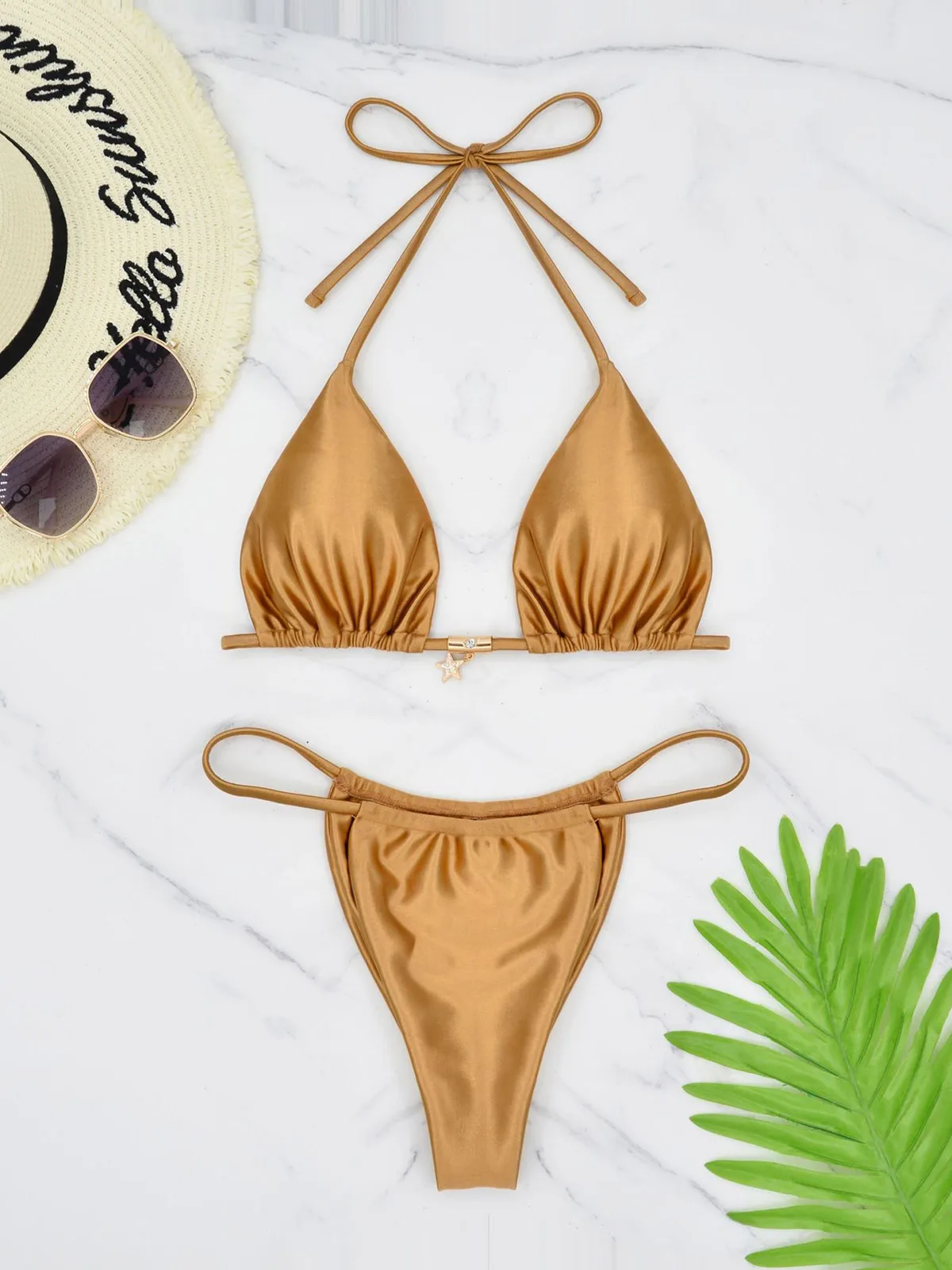 S - XL Neuer, sexy, goldener Bikini mit hohem Beinausschnitt, Damen-Badeanzug, zweiteiliges Bikini-Set, Badebekleidung, Badeanzug, Modell V6192G. – Detail 10