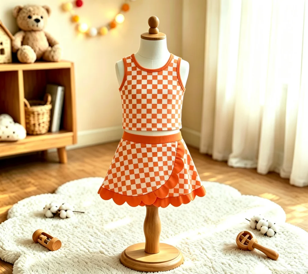 Wholesale Toddler Sleeveless Shirt Ruffle Skirt Shorts Kids Orange Plaid Set Athletic Baby Girl Yoga Active Summer Clothing