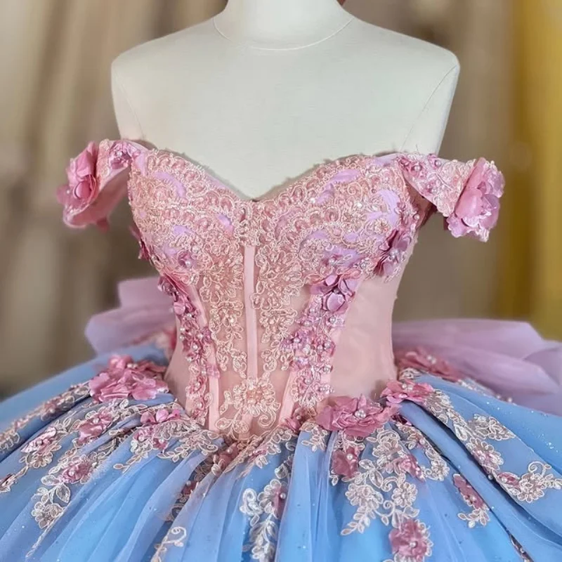 

Blue Quinceanera Dress off-shoulder Lace layering crystal decal Long tail 3D flower Bow vestidos de 15 Quinceanera ﻿Customize