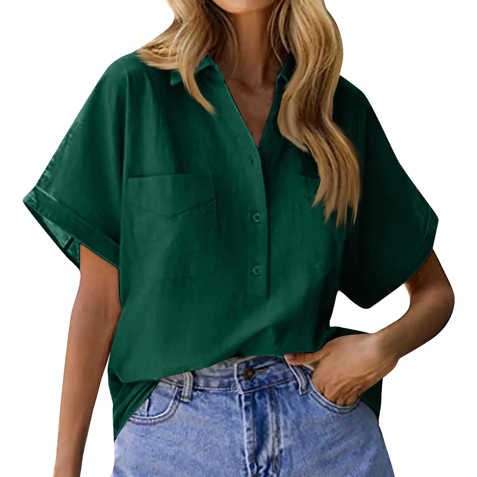 Elegante Katoenen Linnen Shirts Vrouwen Casual Effen Knop Revers Blouses Shirts Zomer Korte Mouw Losse Tops Tuniek Blouse Femme