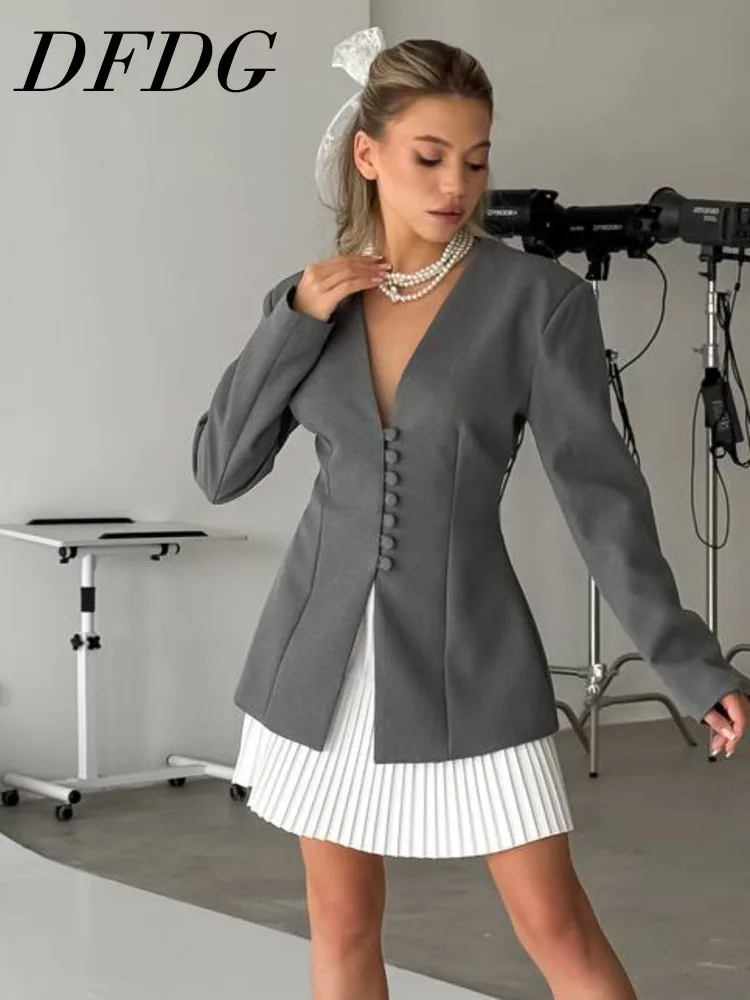

DFDG Women's Spring Summer V Neck Single Breasted Asymmetrical Fitted Blazer Casual Streetwear 2026 Trendy Feminine Fashion Coat