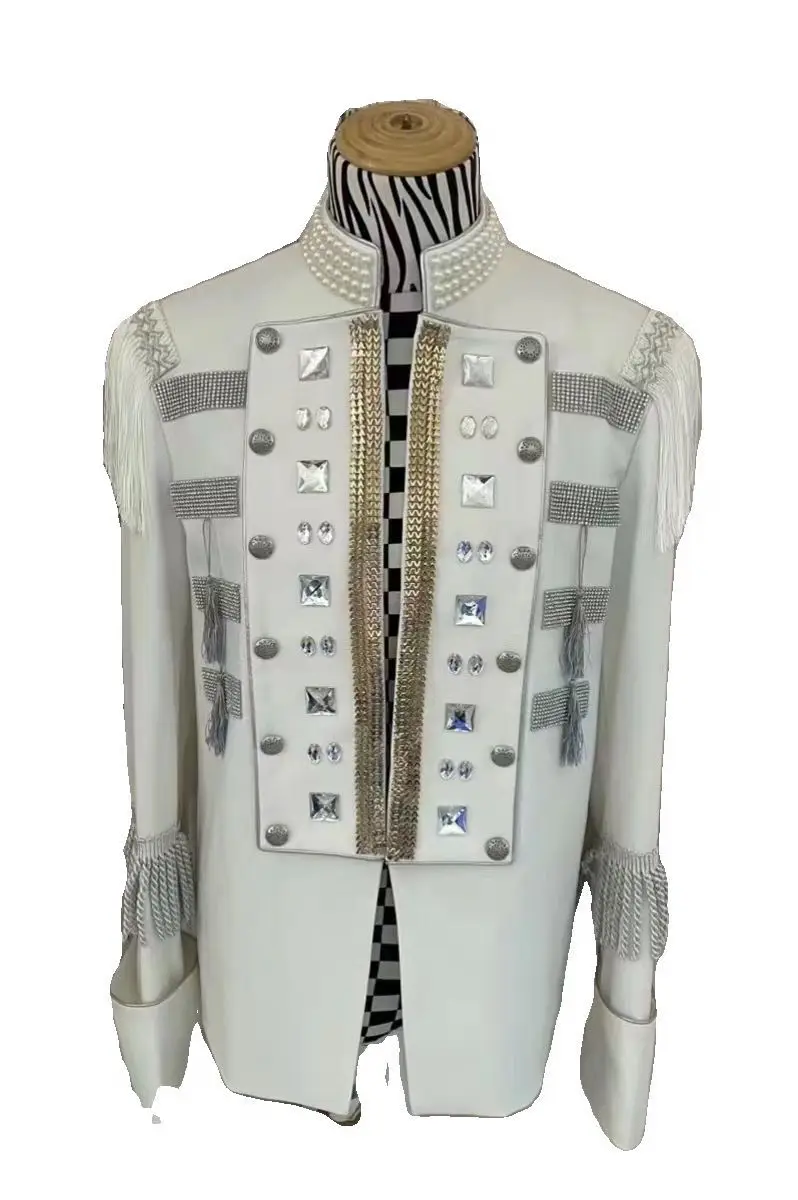 Handmade Men's Royal Style White Beads Sequins Slim Jacket Party Stage Show Host Singer Dancer DJ Performance Coat