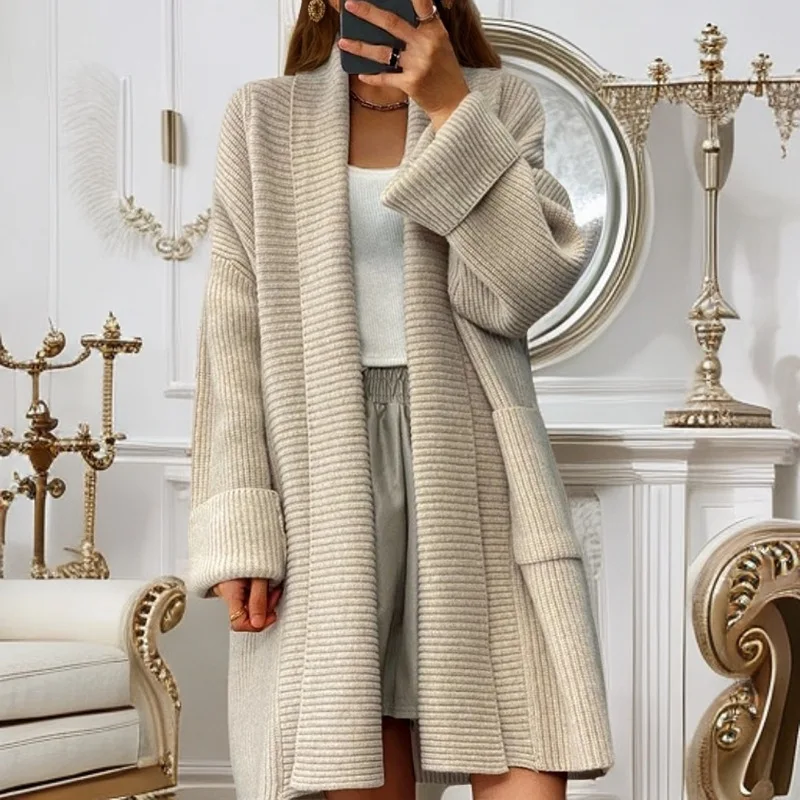 

2025 Autumn Winter Women's Clothing New Thickened Mid-length Solid Color Knitted Cardigan Loose Pocket Sweater Coat