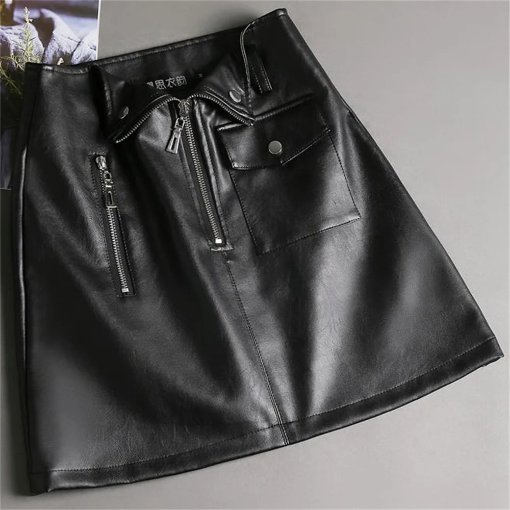 

Zip pu leather skirt women's 2022 new autumn winter high waist pocket skirt casual fashion