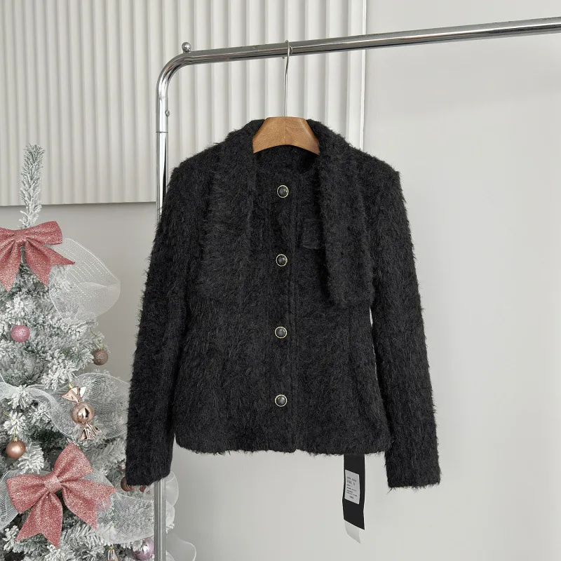 

Ретро французский темперамент дизайн Sense ниша воротник-стойка черное осенне-зимнее пальто женские куртки