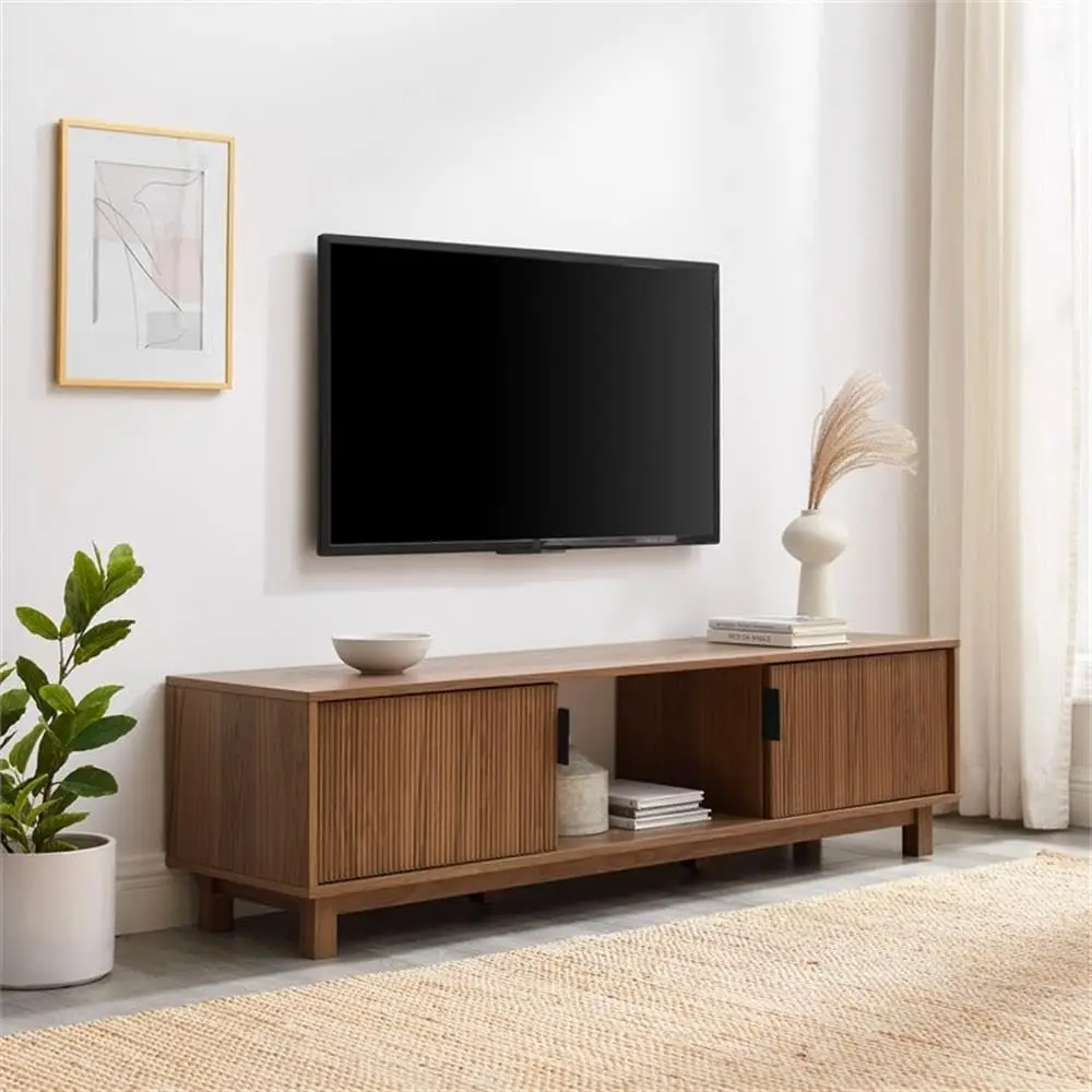 Fluted TV Stand for TVs up to 65 Inches, 58 Inch Media Console Cabinet with Storage for Living Room, Mocha, Customized