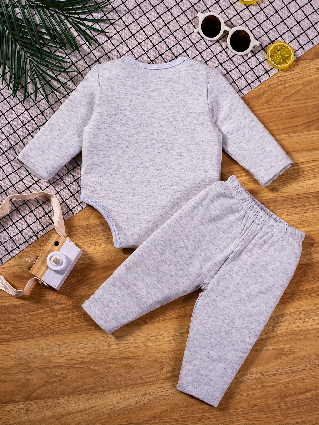 2pcs Infant\'s Long Sleeve Casual Outfit, Cotton Triangle Bodysuit & Elastic Waist Pants, Baby Boy\'s Clothes