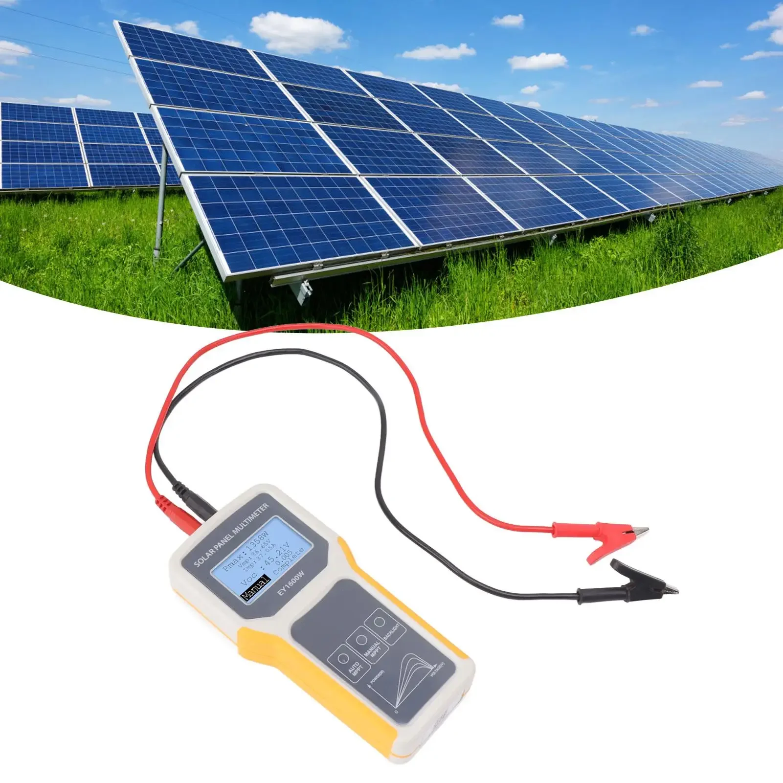 Solar Panel Tester Photovoltaic Multimeter EY1600W with Backlight MPPT Open Circuit Voltage Tool for Solar PV Testing Yellow