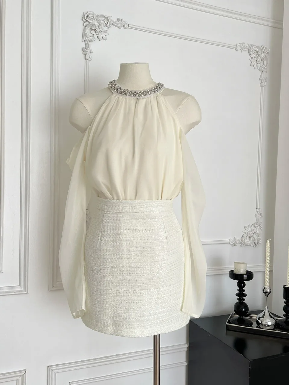 

Шифоновая блузка Ele Long Sve и платье с высокой талией, женский модный комплект Soft Sle Diamond Embellied Nelin...