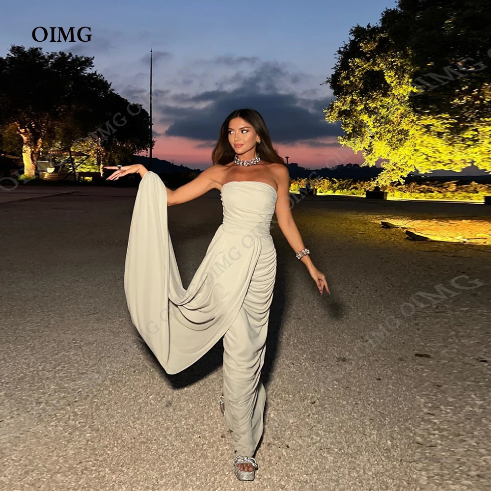 

OIMG Sexy Strapless Short Custom Evening Dresses for Wedding Party Pleats Beach Chiffon Celebrity Prom Gowns Dress Vestidos