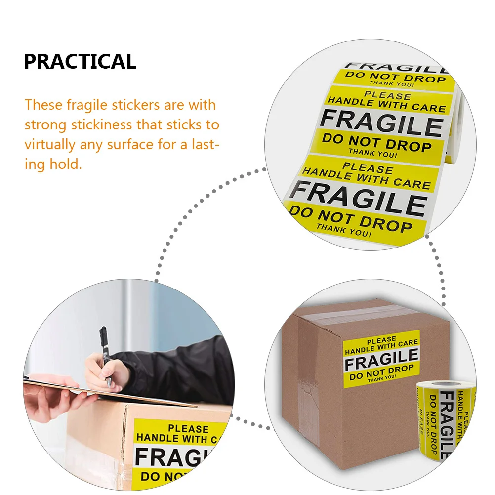 1 rotolo di adesivi fragili Decalcomanie di avvertenza per la spedizione Etichette per carico Adesivo giallo autoadesivo con simbolo fragile Sicuro