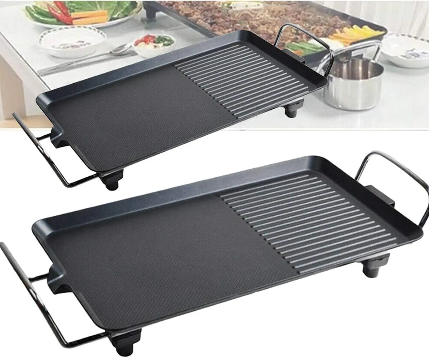 Electric Table Top Grill Barbecue Grill Non Stick Teppanyaki Tray Smokeless BBQ Hot Plate for Party Camping Festival Cooking