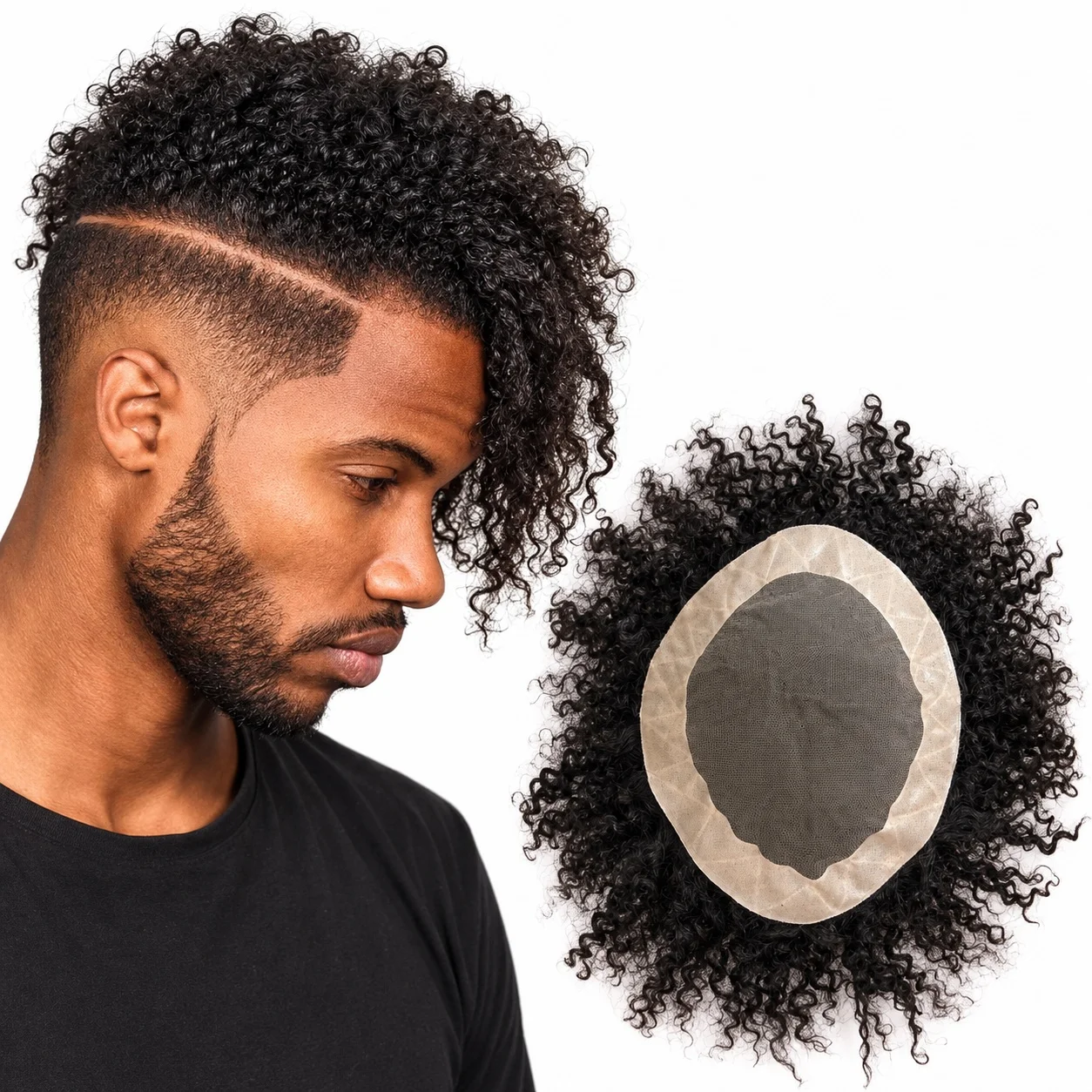 Men's 10x8 Inch 1B Black 6mm Kinky Curly Toupee Hair System 100% Brazilian Human Hair Mono Lace with PU Base for Hairpiece