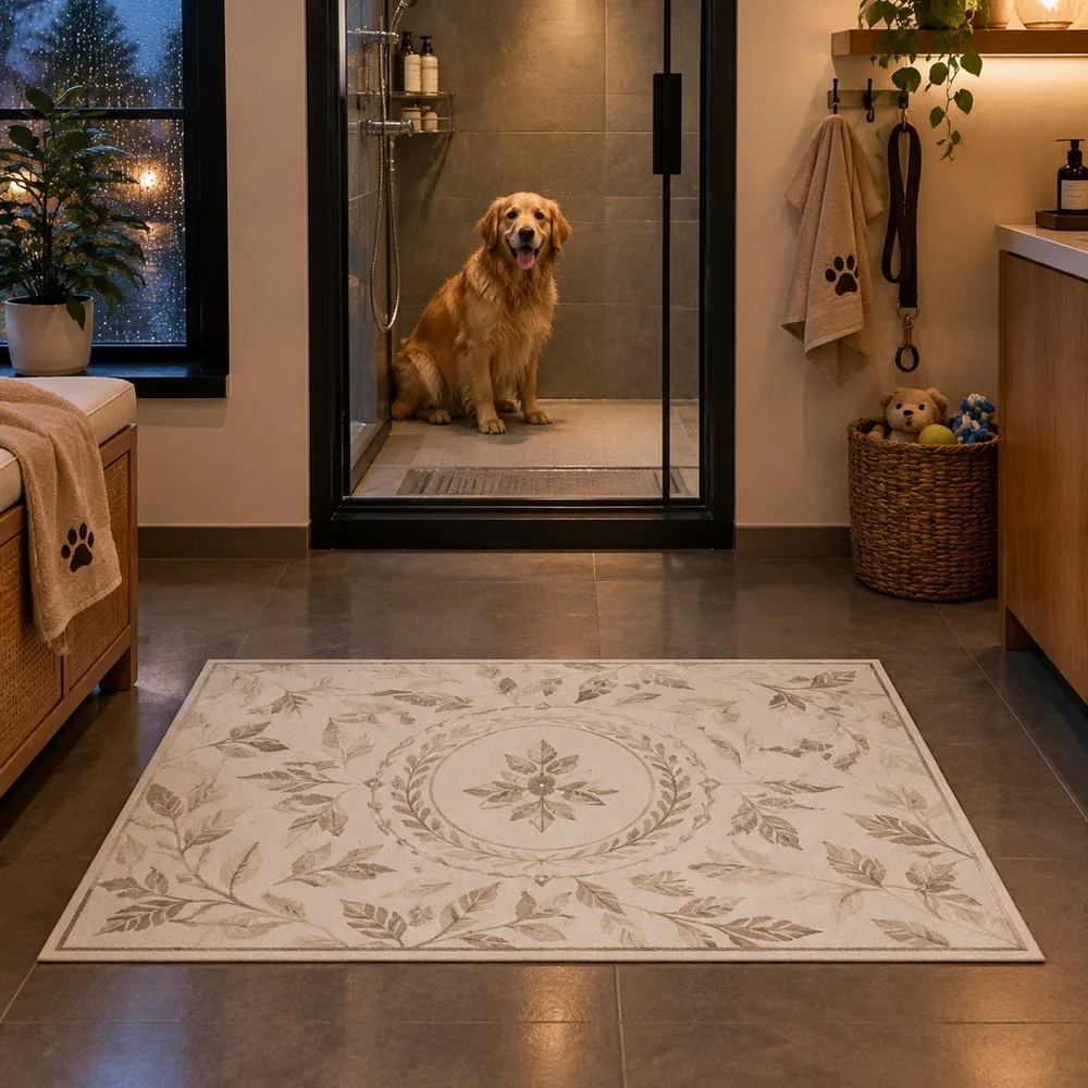 VIKAMA Door Mat Cream White Leaf Outline Sketch Elegant Foldable Sofa Guest Room Sunroom Reading Nook Room Decor