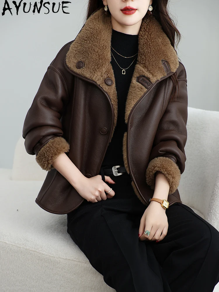AYUNSUE 100% Wool Coat Women 2025 Sheep Shearling Jackets Winter Clothes Female Motocycle Jacket Fur Integrated Пальто Женское