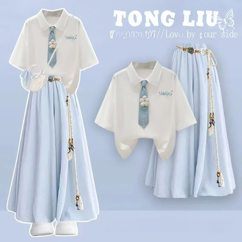 

Girls' Summer School Style Set Short Sleeve Neck Skirt Breathable Cotton Blend Casual Wear for Junior High School Students