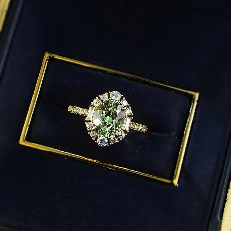 18K rose gold cultured stone new platinum PT 950 7*9mm oval light tourmaline green ring fresh light luxury retro style