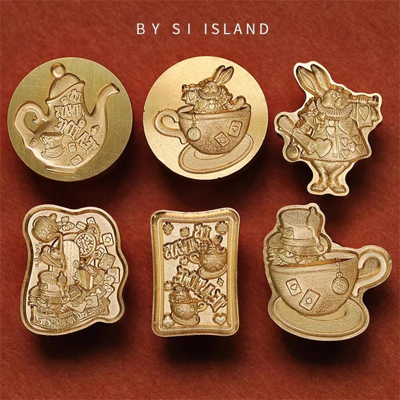 3D Cat Teapot Watch Rabbit Wax Seal Stamp DIY Vintage Alice in Wonderland Stamps for Envelope Card Collection Decor Hobby Gift