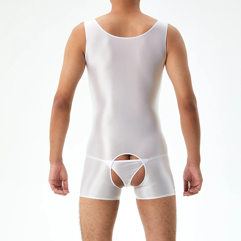 Sexy Herren Öl glänzend glänzend Schritt ohne Schritt ärmellose Shorts Overalls sinnliche Mann offenen Schritt Bodysuit Unterwäsche Dessous Strumpfhosen