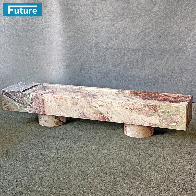 Customized Size Natural Stone Luxury Style Cream Rose Pink Marble Long Bench Stool with Low Plinth for Hotel Villa Art Center