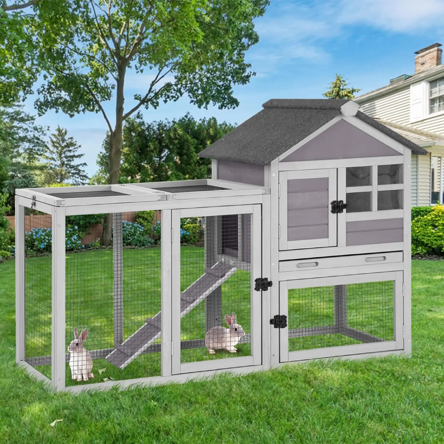 Large Wooden Rabbit Hutch 2-Level Weatherproof Bunny Cage Waterproof Roof Pull Tray Lock Door Small Animals, Customized