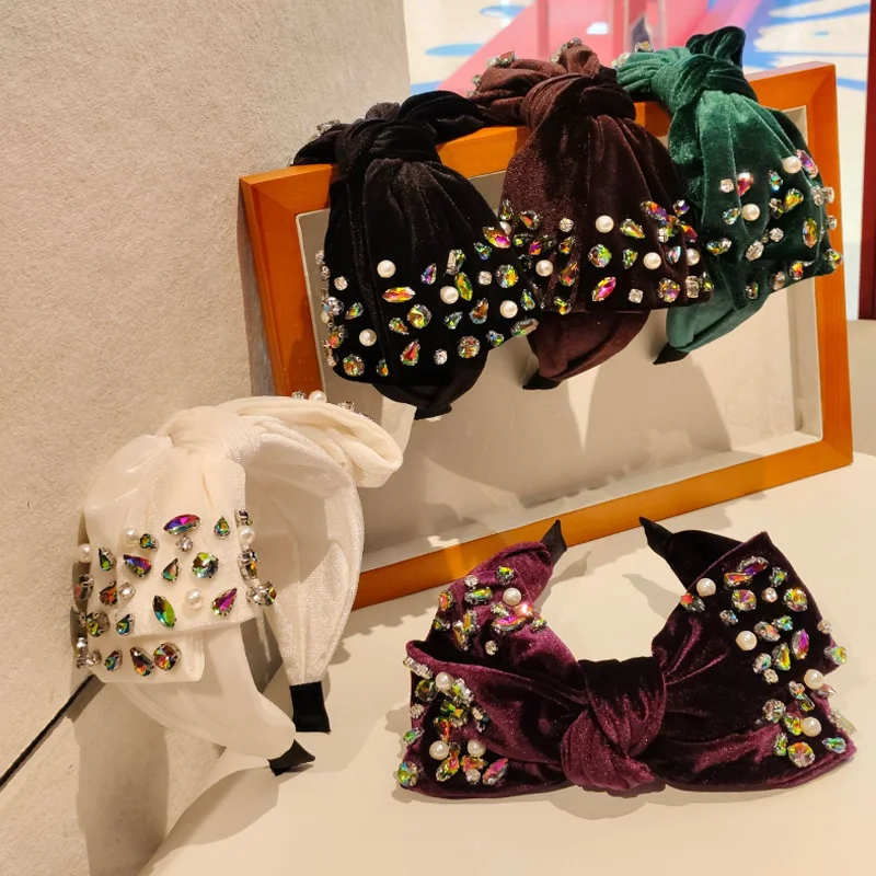 

Золотистая бархатная повязка на голову с бантом и стразами, обруч для волос для праздников и вечеринок, женский аксессуар для волос, заколка для умывания