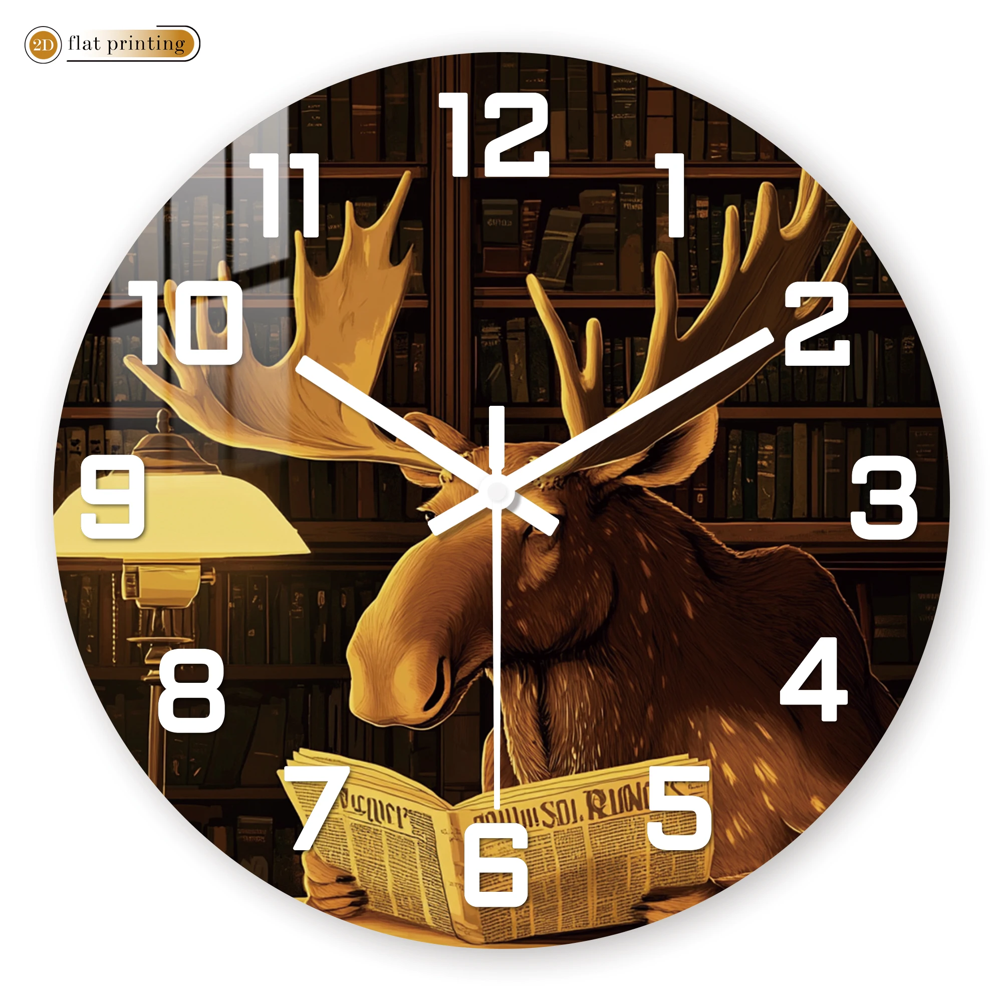 Vintage Elch lesen Zeitung Wanduhr, rustikale Bibliothek Bücherregal Szene Home Decor, stille Quarzwerk dekorative Kunstkuchen