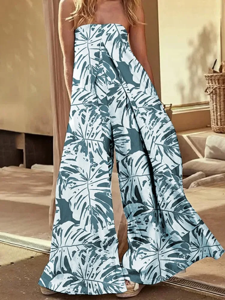 Lemongor 2024 New Summer Wide Leg Tube Jumpsuits For Women Fashion Leaves Printed Pockets Loose Casual Strapless Outfits