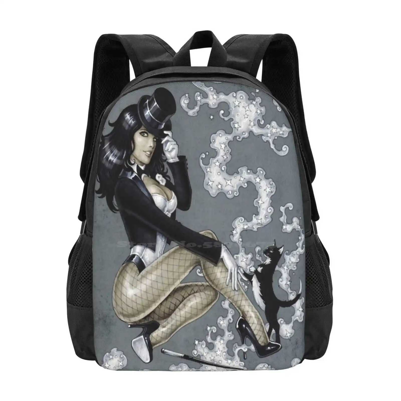 Magie 3D-Druck Design Rucksack Student Tasche Mädchen Zatanna schwarze Katze Schönheit Zauberstab Dс Comics