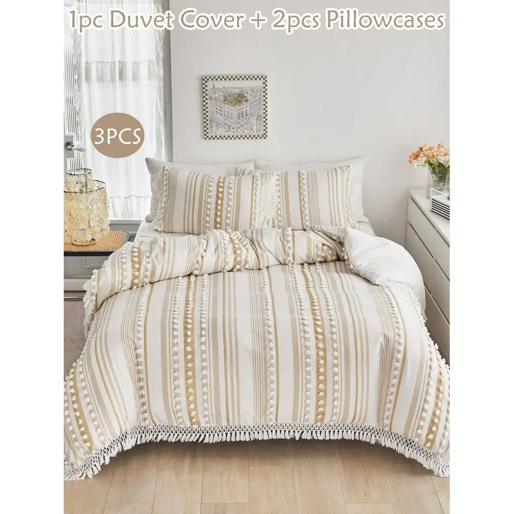 

Khaki Bedding Set Bohemian Style Simple Duvet Cover With Pom Poms And Tassels And Pillowcases, All Seasons