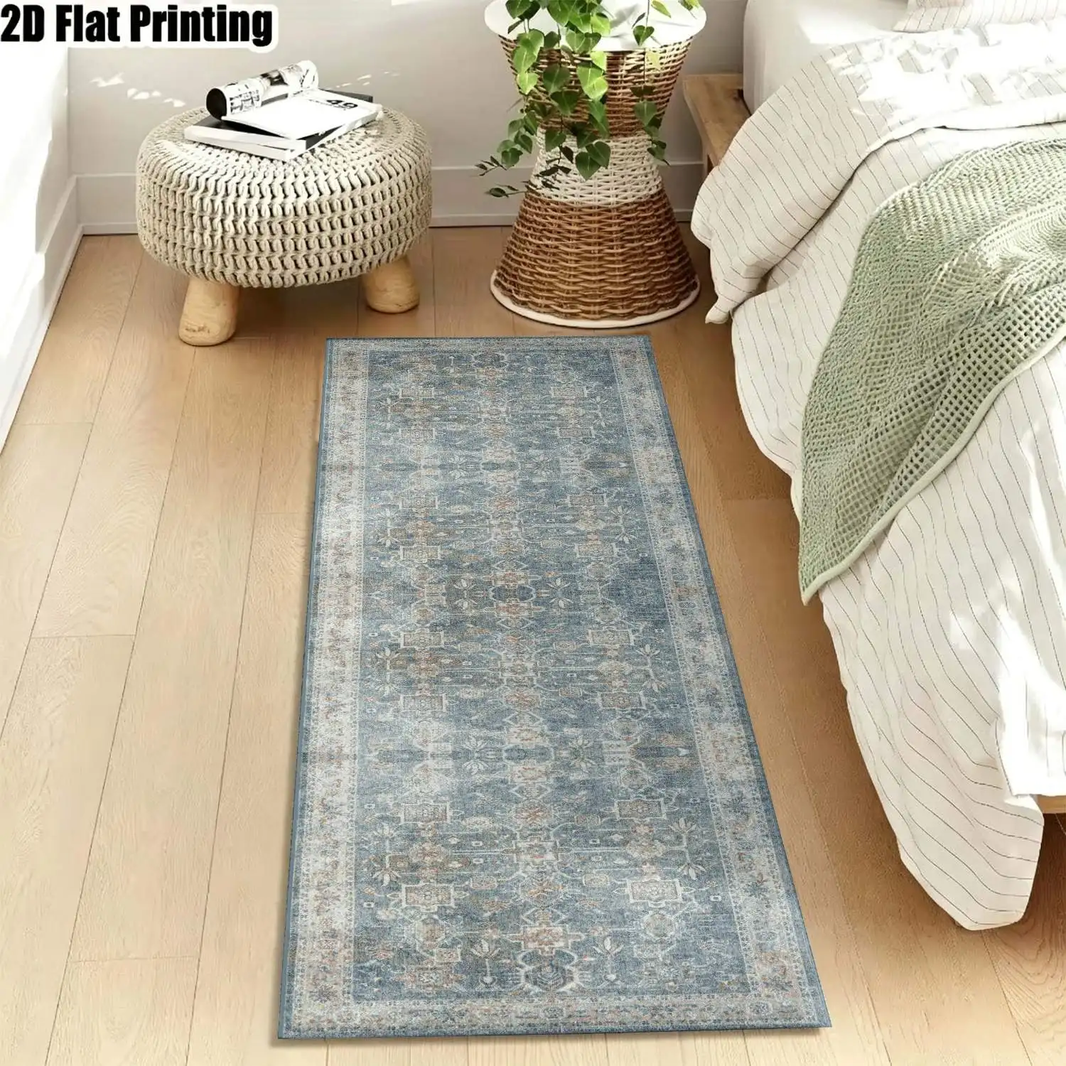 1Pc 2D Printed Striped Runner Rug: Blue-Grey Retro Floral, European/Bohemian/Geometric Style, Machine Washable, Multi Sizes, Ideal for Home Decor, Entrance, Hallway, Living Room, Bedroom 2