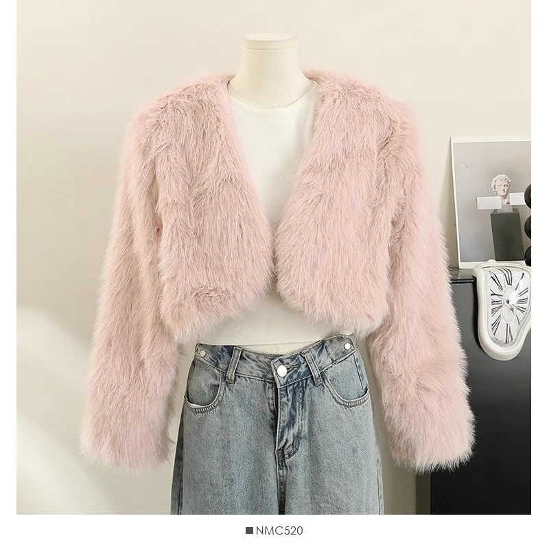 معاطف نسائية من فرو الثعلب الصناعي سترات قصيرة متينة بأكمام طويلة ورقبة على شكل V غرزة مفتوحة فرو سميك دافئ فضفاض مناسب غير رسمي لخريف وشتاء 2025 #5